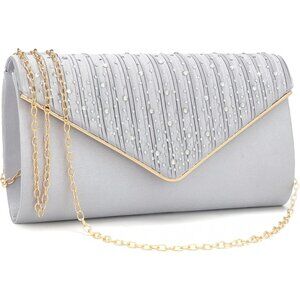 ⚡  Women's Evening Rhinestones Envelope Style Chain Strap Silver Clutch Handbag